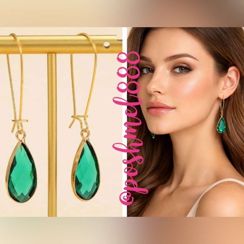 Elegant Emerald Green & Gold Water Drop Crystals Dangle Drop Earrings - Picture 5 of 5
